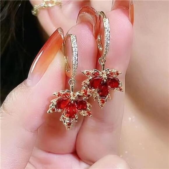 Crystal Maple Leaf Earrings | Sparkly Orange Red Dangle Drops - Picture 7 of 7